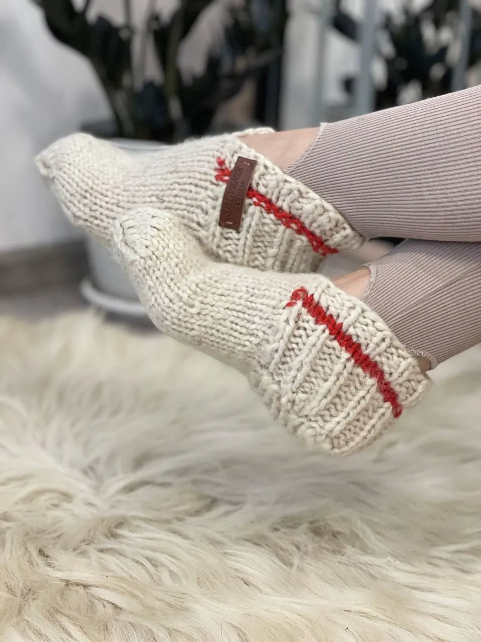 Wool Hand-Knitted Slippers | Eco-Friendly Organic Slippers | Warm White Room Slippers for Everyday Comfort | Handmade and Cozy (Women’s 8-8.5)