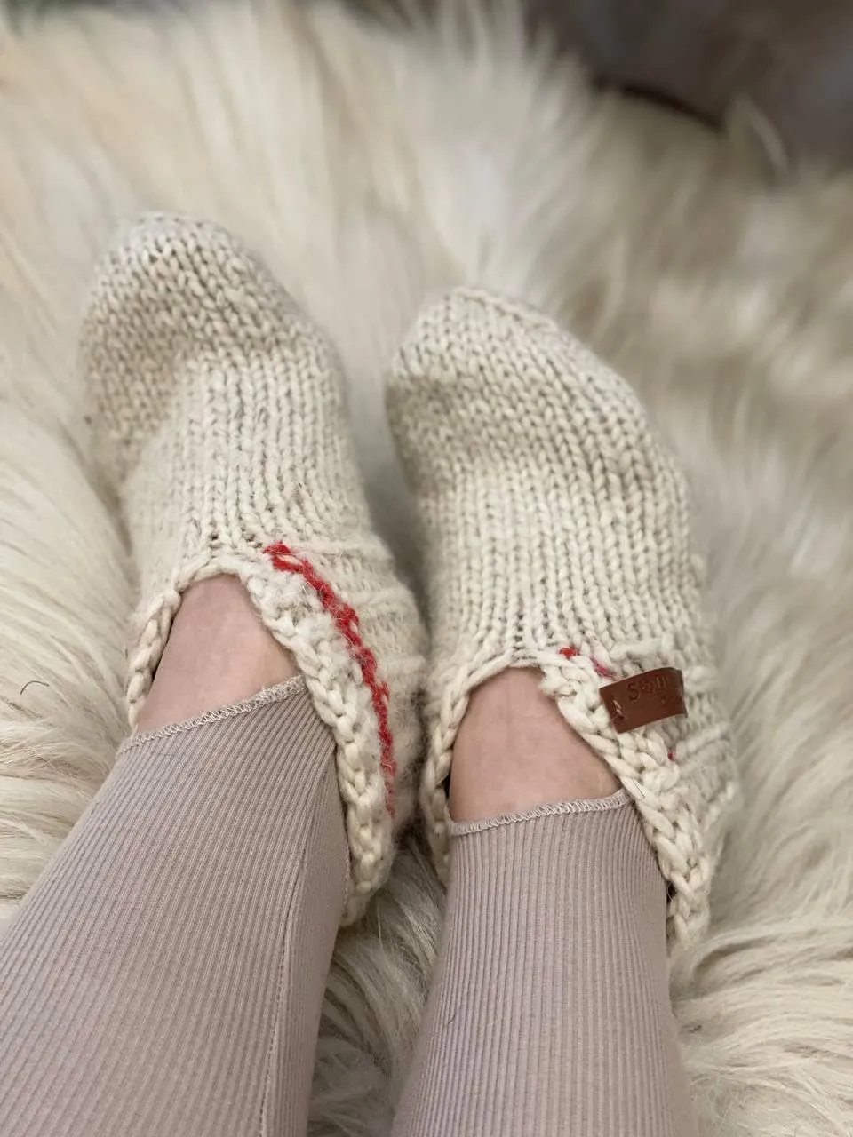 Wool Hand-Knitted Slippers | Eco-Friendly Organic Slippers | Warm White Room Slippers for Everyday Comfort | Handmade and Cozy (Women’s 8-8.5)
