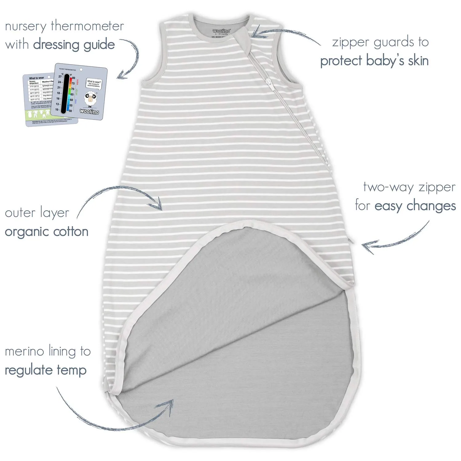 Woolino Merino Wool and Organic Cotton Baby Sleep Bag - 4 Season Classic Sleep Sack for Baby - Two-Way Zipper Sleeping Bag for Baby and Toddler - 6-18 Months - Panda