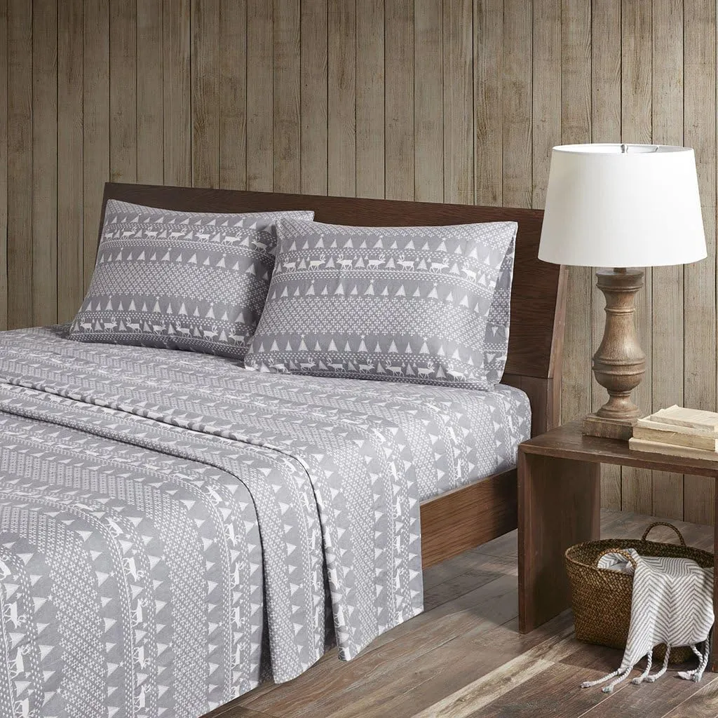Woolrich Cotton Sheet Set Cottage Charms Print, 100% Cotton Flannel Sheets Warm & Fuzzy Bedding Set King Size Sheets, Fitted Pocket Fits Up to 14" Mattress, King Grey Winter Frost, 4 Piece