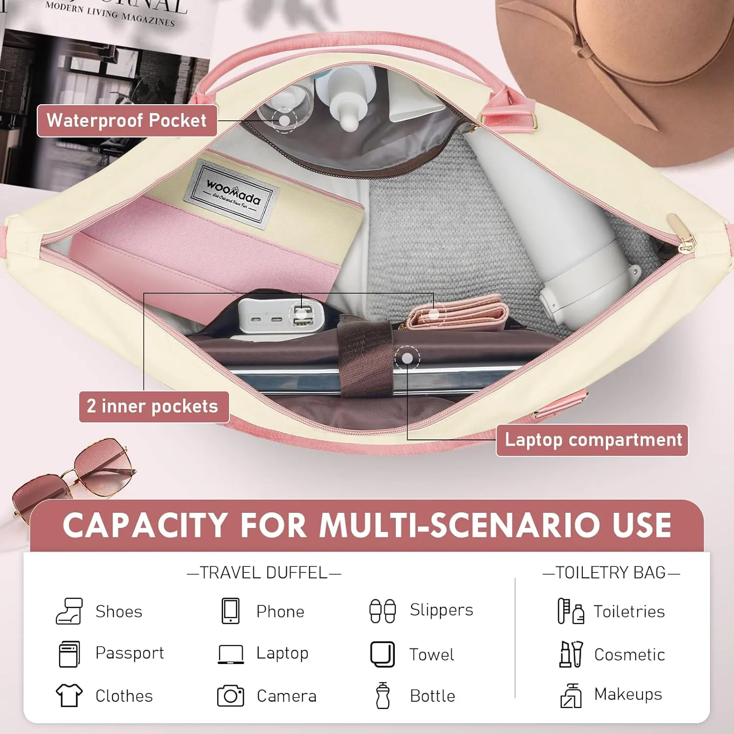 WOOMADA Weekender Bags for Women, Carry On Overnight Bag with Toiletry Bag, Personal Item Travel Duffel