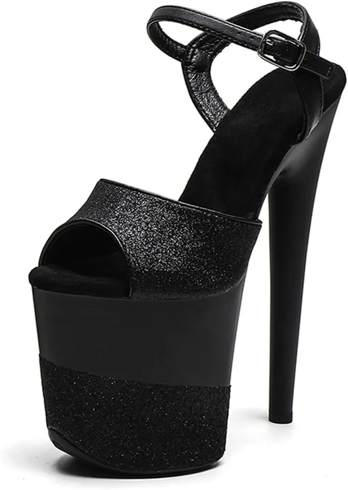WUXIN H&P Women's Exotic Pole Dance Ankle-Strap Sandal 8 Inch Glitter Round Toe Platform Splice Fashion Model Sexy Stiletto Custom Dress shoes High Heel
