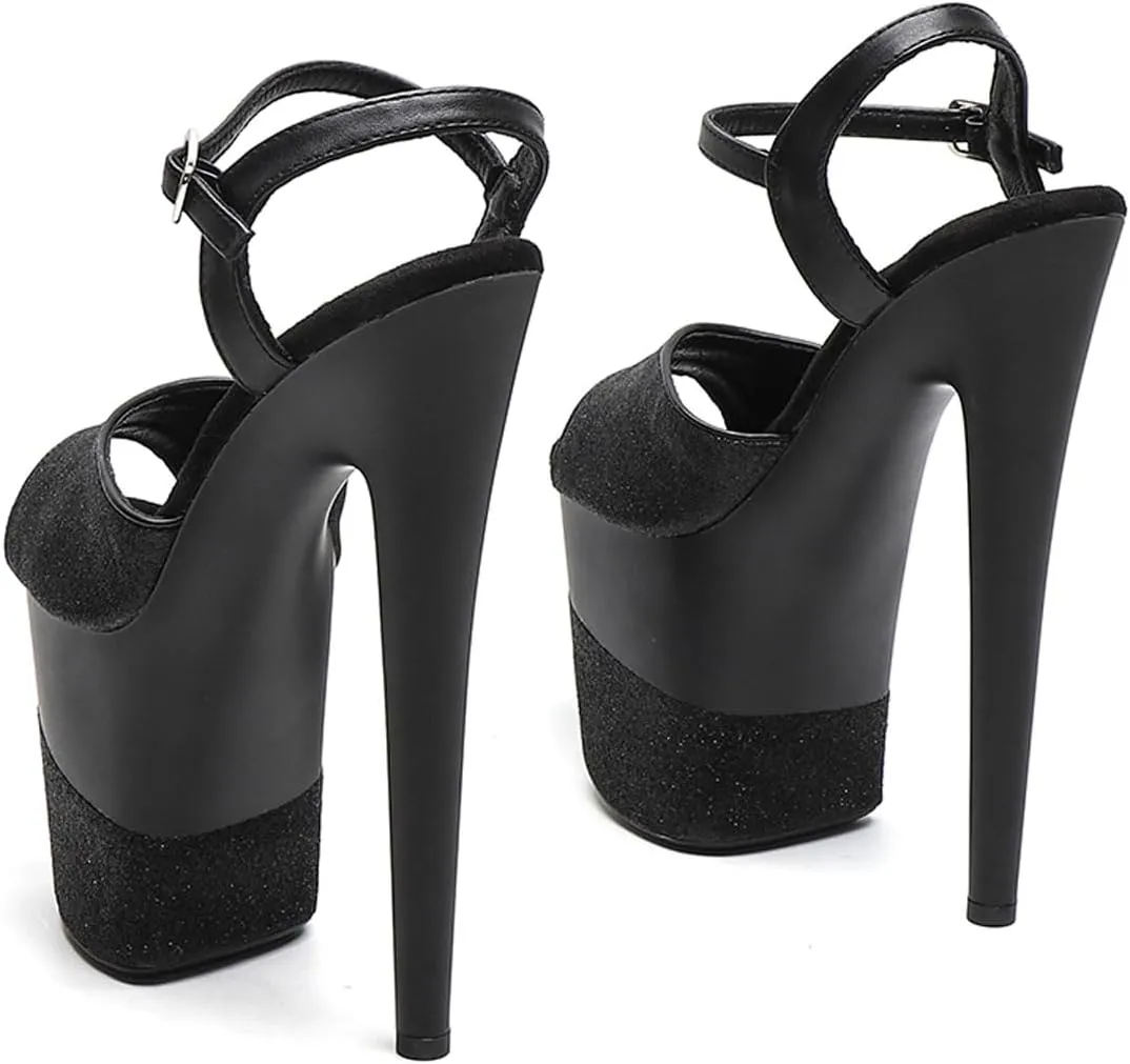 WUXIN H&P Women's Exotic Pole Dance Ankle-Strap Sandal 8 Inch Glitter Round Toe Platform Splice Fashion Model Sexy Stiletto Custom Dress shoes High Heel