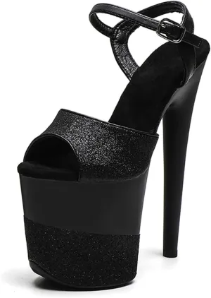 WUXIN H&P Women's Exotic Pole Dance Ankle-Strap Sandal 8 Inch Glitter Round Toe Platform Splice Fashion Model Sexy Stiletto Custom Dress shoes High Heel
