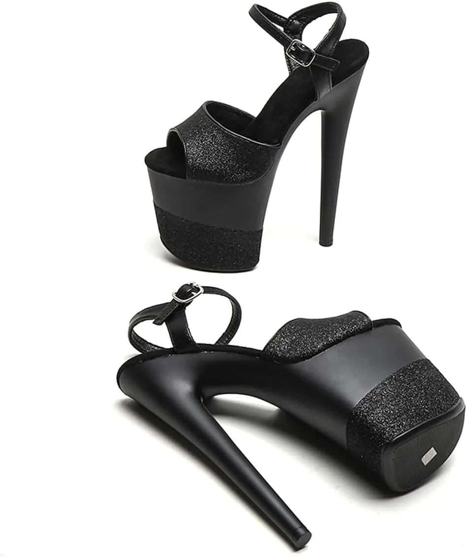 WUXIN H&P Women's Exotic Pole Dance Ankle-Strap Sandal 8 Inch Glitter Round Toe Platform Splice Fashion Model Sexy Stiletto Custom Dress shoes High Heel