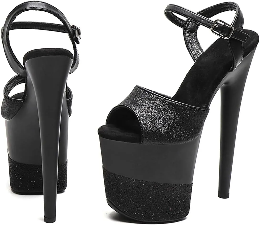 WUXIN H&P Women's Exotic Pole Dance Ankle-Strap Sandal 8 Inch Glitter Round Toe Platform Splice Fashion Model Sexy Stiletto Custom Dress shoes High Heel