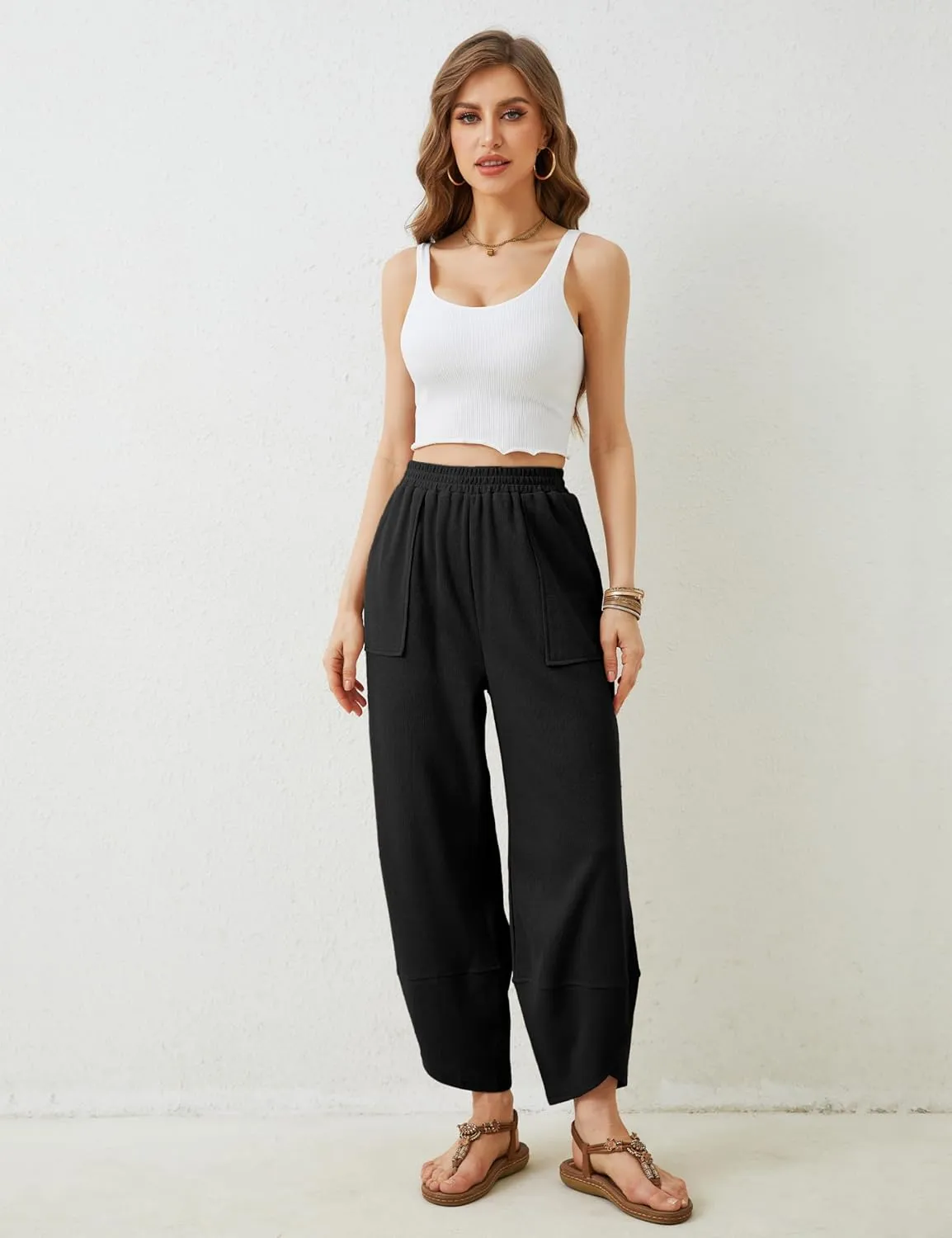 Xiaoxuemeng Womens Baggy Wide Leg Pants Casual Elastic Waisted Palazzo Harem Pants with Pockets