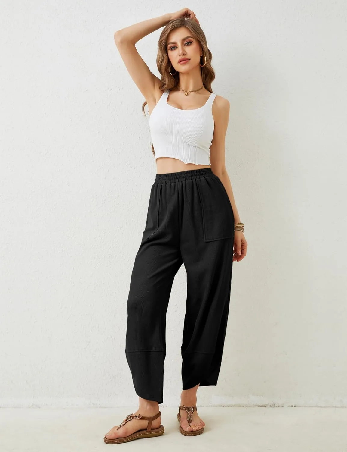 Xiaoxuemeng Womens Baggy Wide Leg Pants Casual Elastic Waisted Palazzo Harem Pants with Pockets