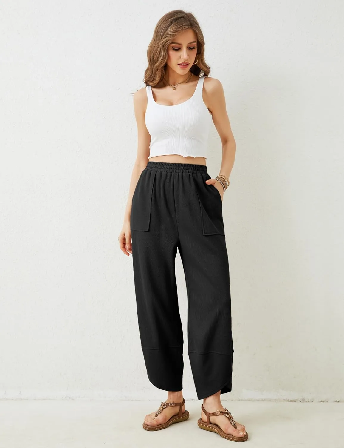 Xiaoxuemeng Womens Baggy Wide Leg Pants Casual Elastic Waisted Palazzo Harem Pants with Pockets