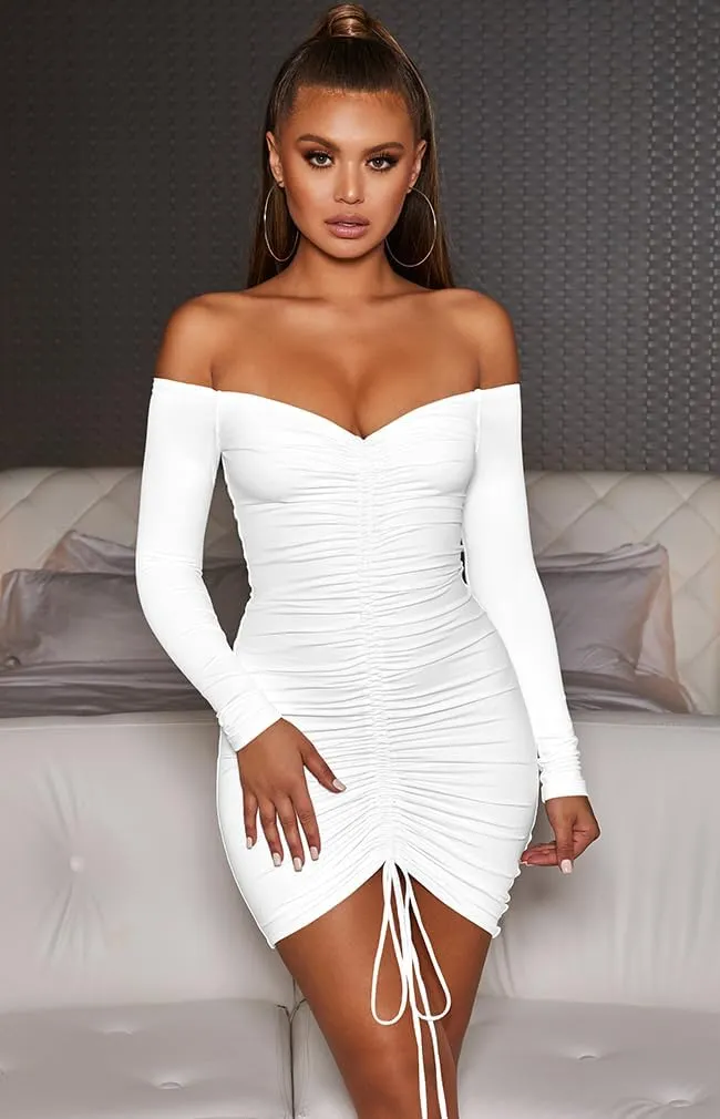 XXTAXN Women's Sexy Elegant Long Sleeve Off The Shoulder Ruched Mini Dress