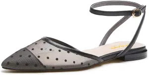 XYD Women Cute Polka Dots Flats Pointed Cap Toe Slingback Mesh Sandals Wedding Dating Dress Shoes