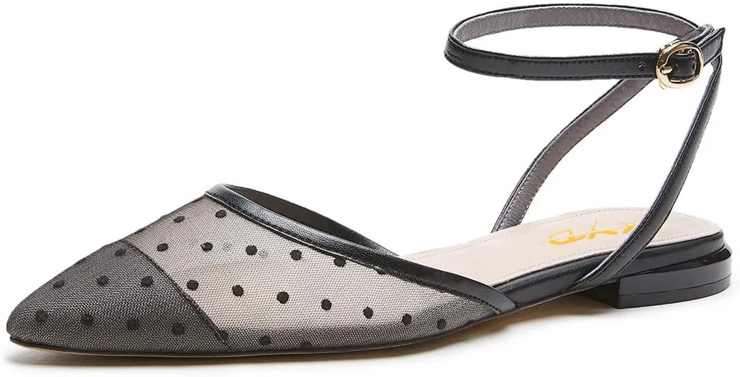 XYD Women Cute Polka Dots Flats Pointed Cap Toe Slingback Mesh Sandals Wedding Dating Dress Shoes