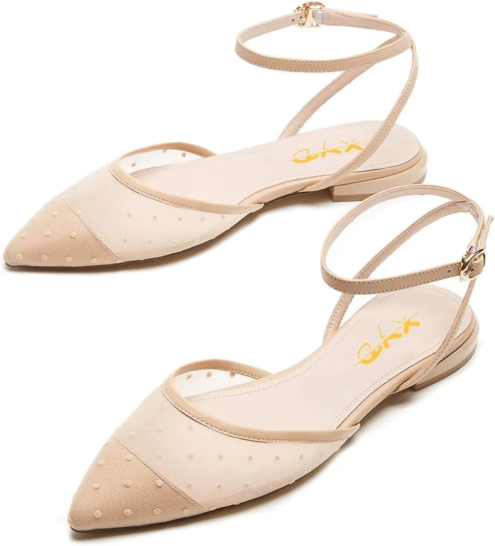 XYD Women Cute Polka Dots Flats Pointed Cap Toe Slingback Mesh Sandals Wedding Dating Dress Shoes