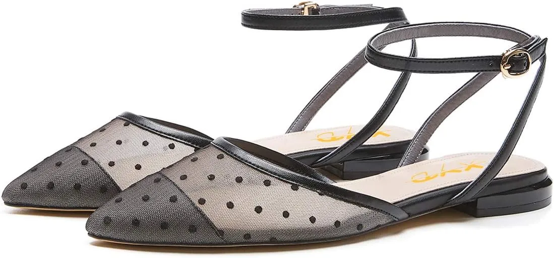 XYD Women Cute Polka Dots Flats Pointed Cap Toe Slingback Mesh Sandals Wedding Dating Dress Shoes