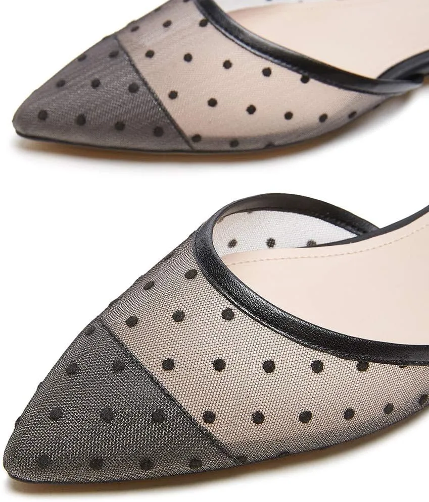 XYD Women Cute Polka Dots Flats Pointed Cap Toe Slingback Mesh Sandals Wedding Dating Dress Shoes