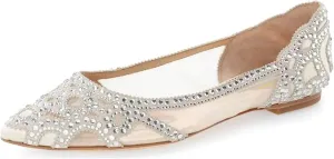 XYD Women Elegant Pointed Toe Rhinestone Flats Mesh Slip-on Crystals Wedding Bride Ballet Shoes