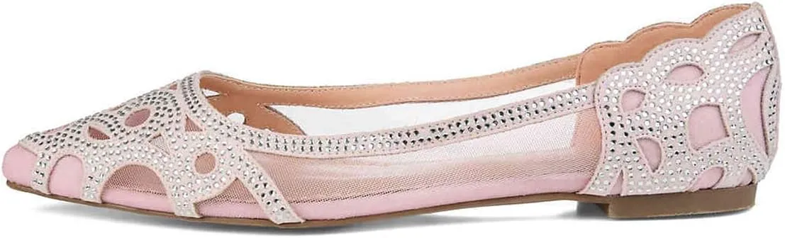 XYD Women Elegant Pointed Toe Rhinestone Flats Mesh Slip-on Crystals Wedding Bride Ballet Shoes