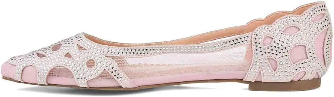XYD Women Elegant Pointed Toe Rhinestone Flats Mesh Slip-on Crystals Wedding Bride Ballet Shoes