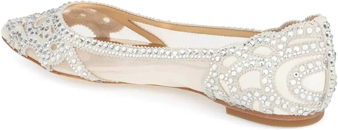 XYD Women Elegant Pointed Toe Rhinestone Flats Mesh Slip-on Crystals Wedding Bride Ballet Shoes