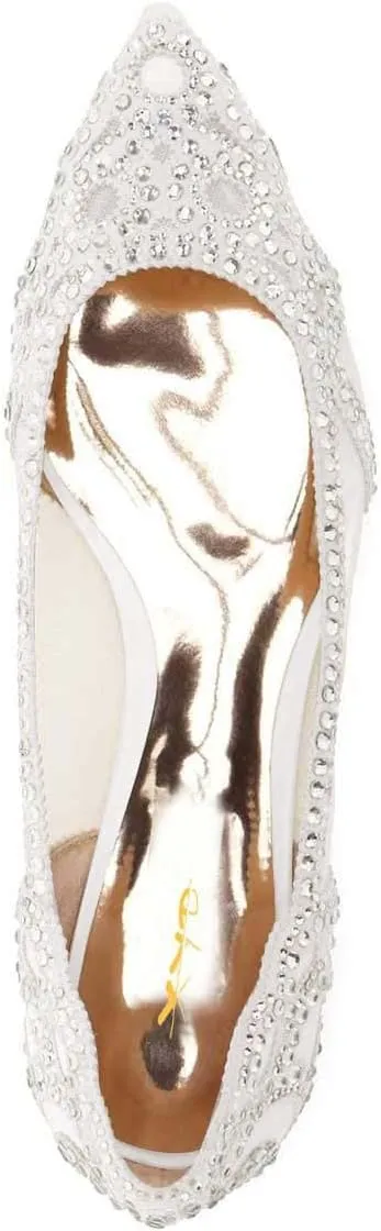 XYD Women Elegant Pointed Toe Rhinestone Flats Mesh Slip-on Crystals Wedding Bride Ballet Shoes