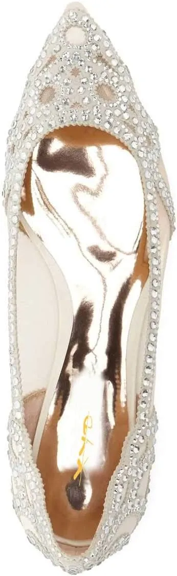 XYD Women Elegant Pointed Toe Rhinestone Flats Mesh Slip-on Crystals Wedding Bride Ballet Shoes