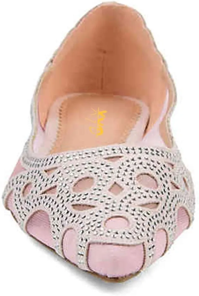 XYD Women Elegant Pointed Toe Rhinestone Flats Mesh Slip-on Crystals Wedding Bride Ballet Shoes