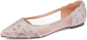 XYD Women Elegant Pointed Toe Rhinestone Flats Mesh Slip-on Crystals Wedding Bride Ballet Shoes