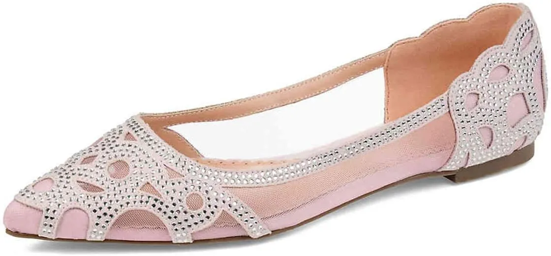 XYD Women Elegant Pointed Toe Rhinestone Flats Mesh Slip-on Crystals Wedding Bride Ballet Shoes