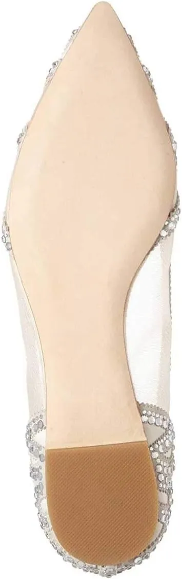 XYD Women Elegant Pointed Toe Rhinestone Flats Mesh Slip-on Crystals Wedding Bride Ballet Shoes