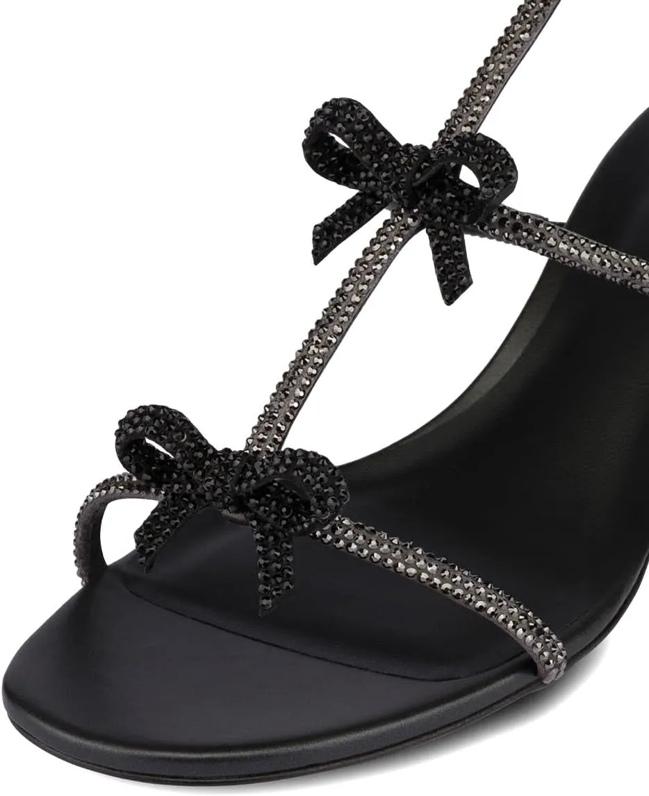 XYD Women Gladiator Rhinestone Crystals Block Chunky Heels Open Toe Sandals Crossover Strap Bow Knots Cutout Party Evening Date Shoes