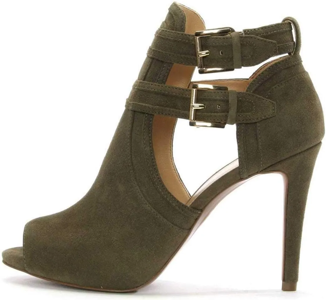 XYD Women Peep Toe Sandal Ankle Booties Dual Buckled Straps Stiletto Heels Stylish Cutout Event Party Pumps Shoes