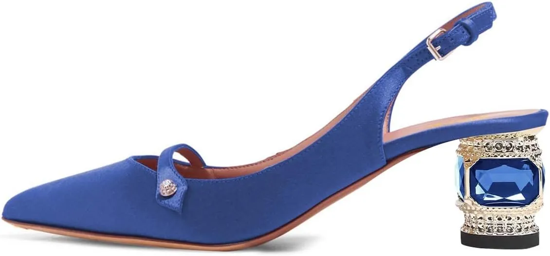 XYD Women Pointed Toe Mid Kitten Heel Slingback Sandal Pumps Slip On Patent Satin Dress Shoes