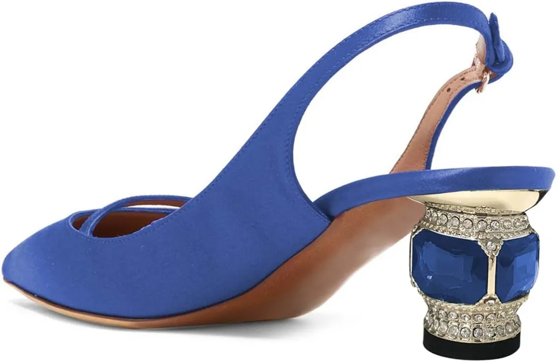 XYD Women Pointed Toe Mid Kitten Heel Slingback Sandal Pumps Slip On Patent Satin Dress Shoes