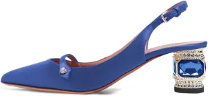 XYD Women Pointed Toe Mid Kitten Heel Slingback Sandal Pumps Slip On Patent Satin Dress Shoes
