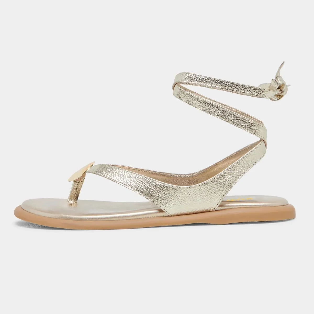 XYD Women Round Open Toe Metal Gold Hardware Flip Flops Ankle Wrap Lace-up Flat Sandals Daily Holiday Dress Shoes