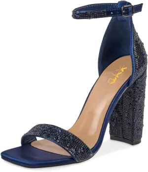 XYD Women Square Open Toe Studded Rhinestone High Block Heel Bejeweled Sandal Pumps Ankle Strap Buckled Sparkling Wedding Bridal Dress Evening Shoes
