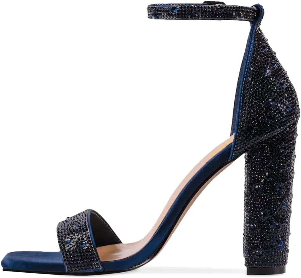 XYD Women Square Open Toe Studded Rhinestone High Block Heel Bejeweled Sandal Pumps Ankle Strap Buckled Sparkling Wedding Bridal Dress Evening Shoes