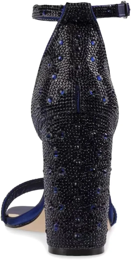 XYD Women Square Open Toe Studded Rhinestone High Block Heel Bejeweled Sandal Pumps Ankle Strap Buckled Sparkling Wedding Bridal Dress Evening Shoes