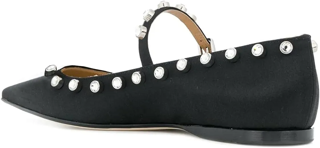 XYD Women Stylish Pointed Toe Flats Slip On Sandals Buckle Mary Jane Rhinestones Comfortable Walking Office Campus Dress Shoes