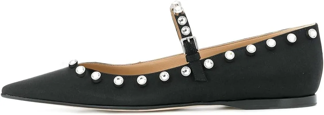 XYD Women Stylish Pointed Toe Flats Slip On Sandals Buckle Mary Jane Rhinestones Comfortable Walking Office Campus Dress Shoes