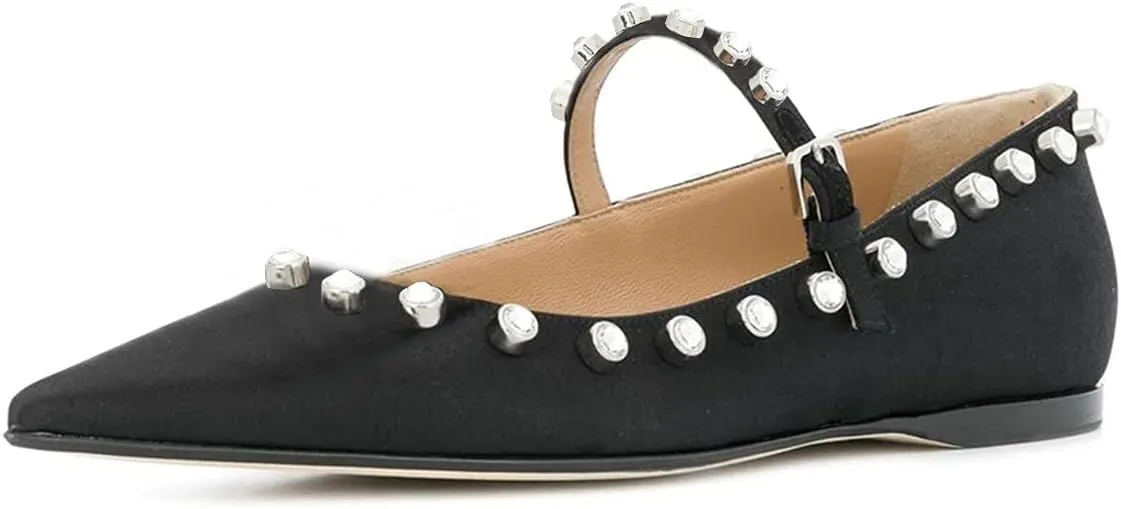 XYD Women Stylish Pointed Toe Flats Slip On Sandals Buckle Mary Jane Rhinestones Comfortable Walking Office Campus Dress Shoes