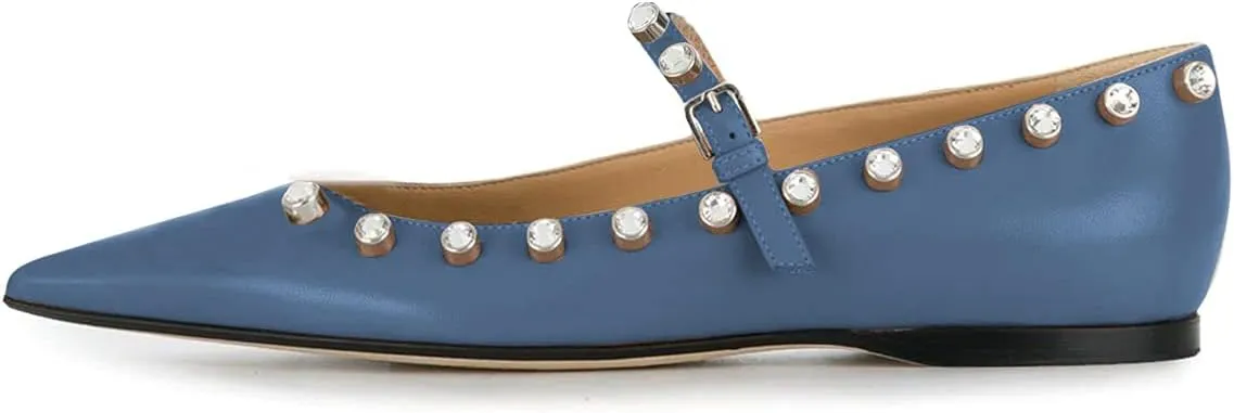 XYD Women Stylish Pointed Toe Flats Slip On Sandals Buckle Mary Jane Rhinestones Comfortable Walking Office Campus Dress Shoes