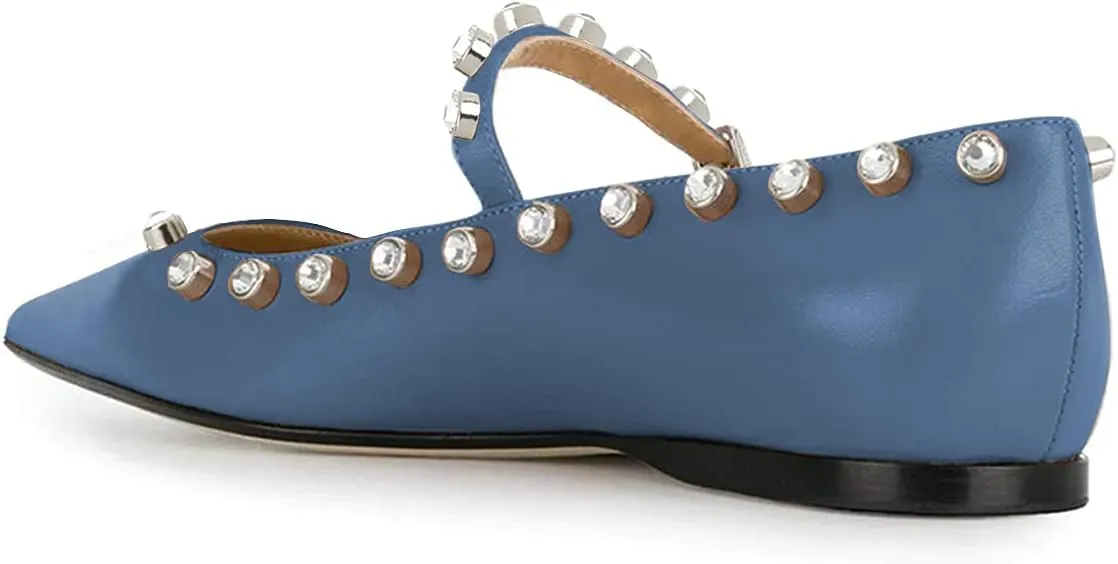 XYD Women Stylish Pointed Toe Flats Slip On Sandals Buckle Mary Jane Rhinestones Comfortable Walking Office Campus Dress Shoes