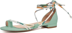 XYD Women Trendy Flip-flop Open Round Toe Low Block Heeled Printing Lace Up Sandal Comfy Ankle Wrap Evening Party Causal Summer Vacation Dress Shoes