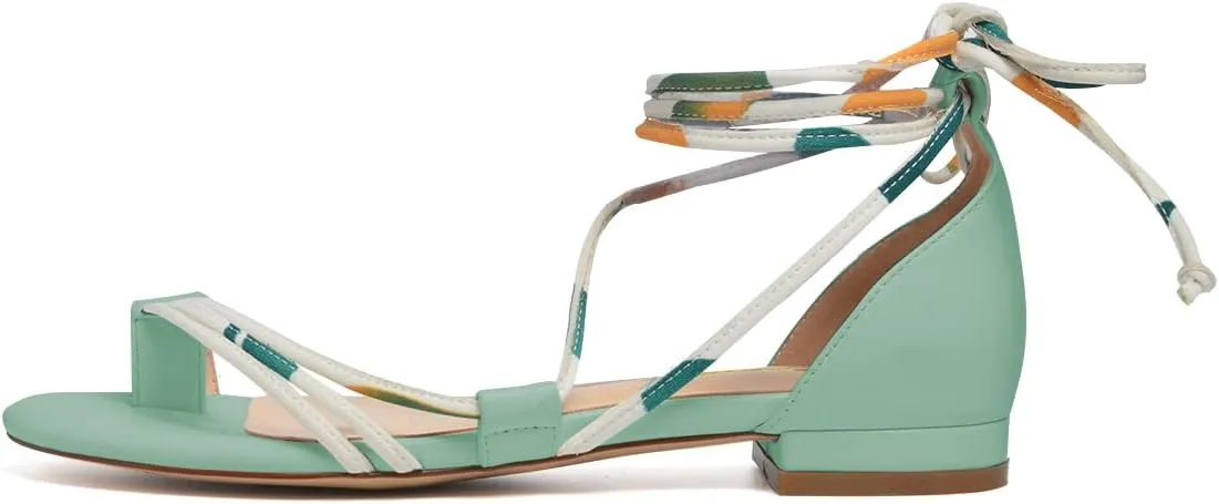 XYD Women Trendy Flip-flop Open Round Toe Low Block Heeled Printing Lace Up Sandal Comfy Ankle Wrap Evening Party Causal Summer Vacation Dress Shoes