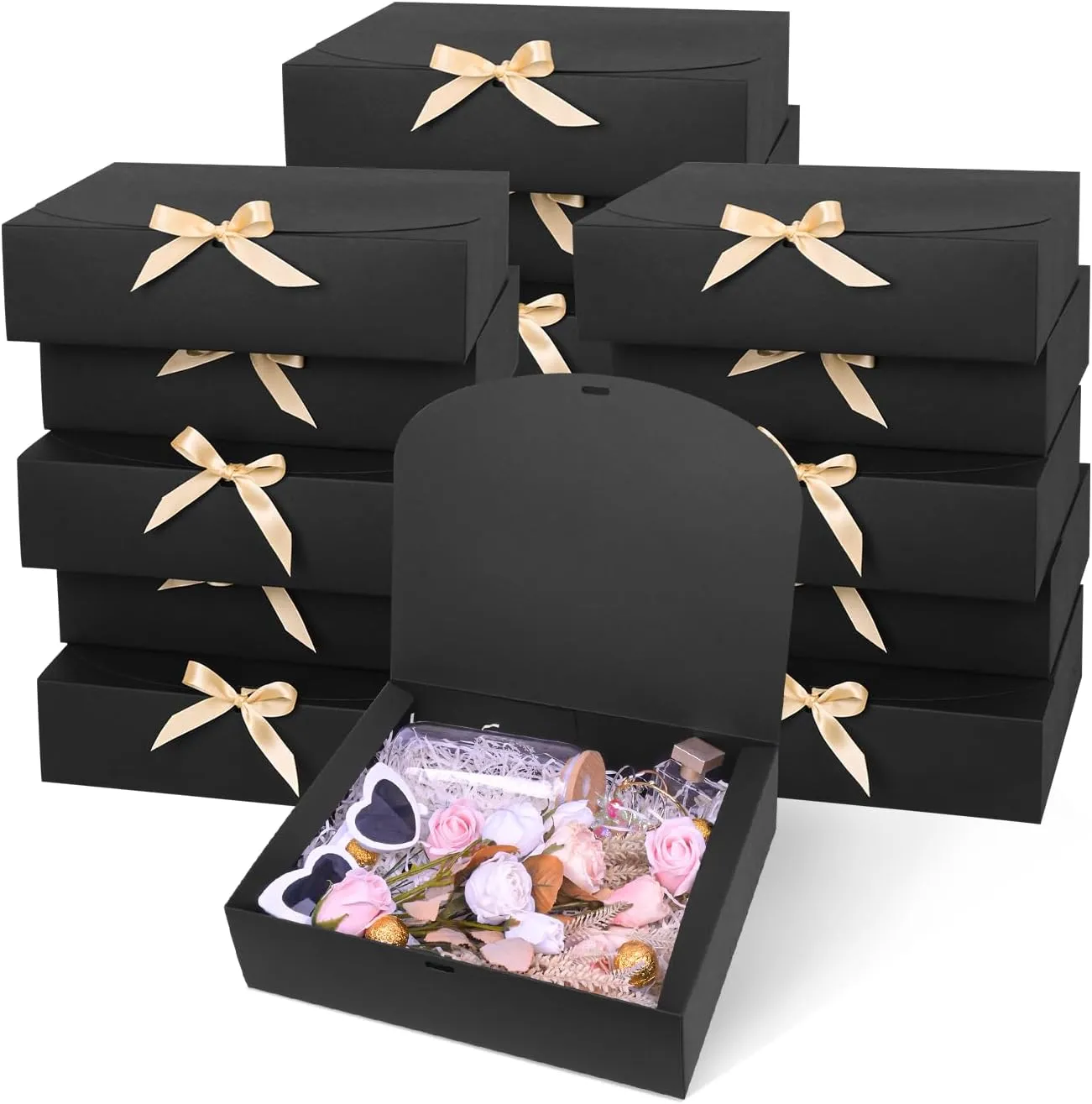 Xylitic 15Pack Gift Boxes with Lids,12×9.8×3.1 Inch Bridesmaid Proposal Box with Gold Ribbon, Black Boxes for Gifts, Baby Shower, Graduation, Bachelor, Party, Wedding, Birthday,Valentine's Day.