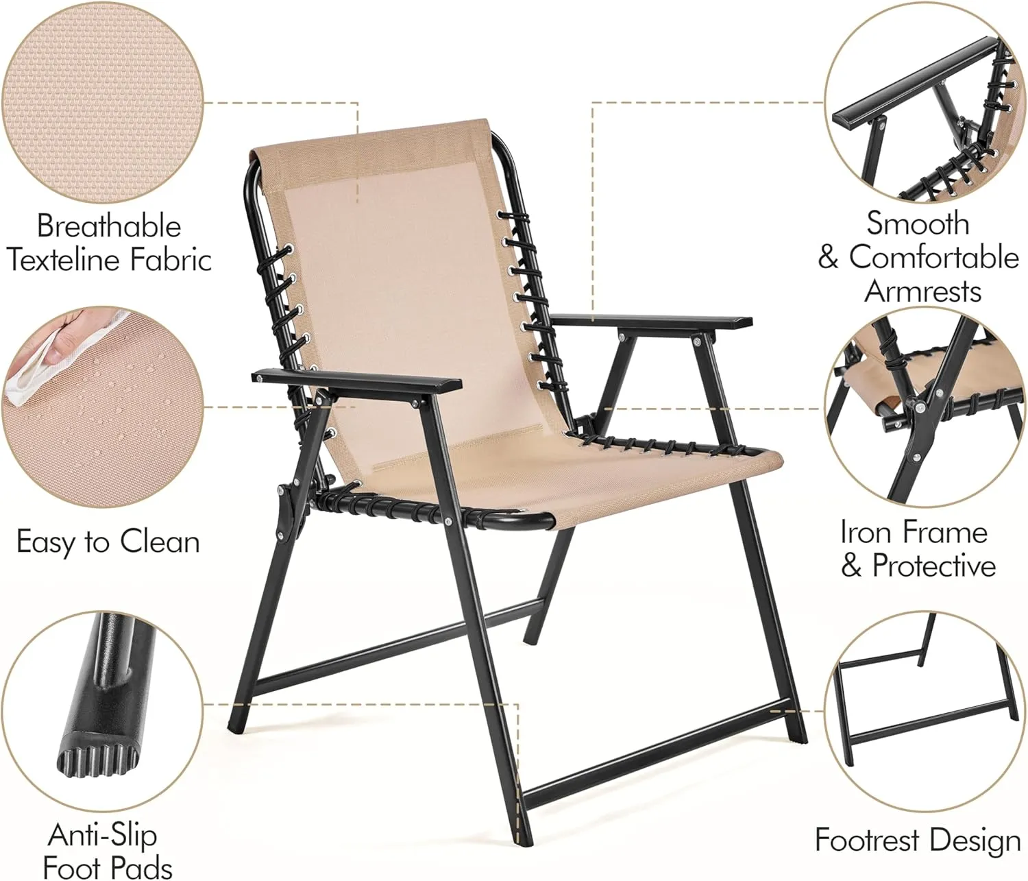 Yaheetech Patio Dining Chairs Set of 4 with Armrests and Backrests, Outdoor Texteline Folding Chairs All Weather for Garden, Lawn, Porch and Backyard, Beige