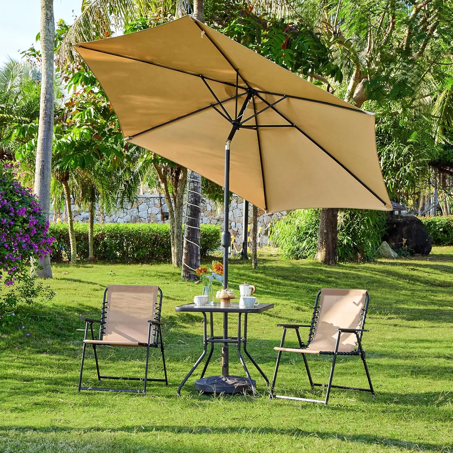 Yaheetech Patio Dining Chairs Set of 4 with Armrests and Backrests, Outdoor Texteline Folding Chairs All Weather for Garden, Lawn, Porch and Backyard, Beige