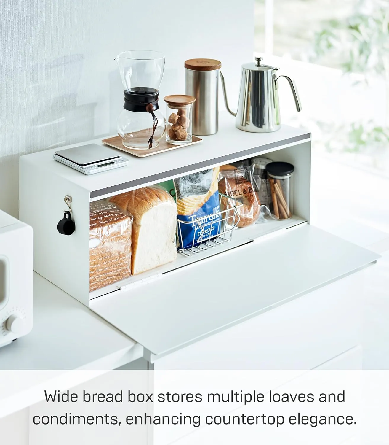 Yamazaki Home Tower Wide Bread Box Keeper Holder Container, Metal Bread Holder Saver Steel