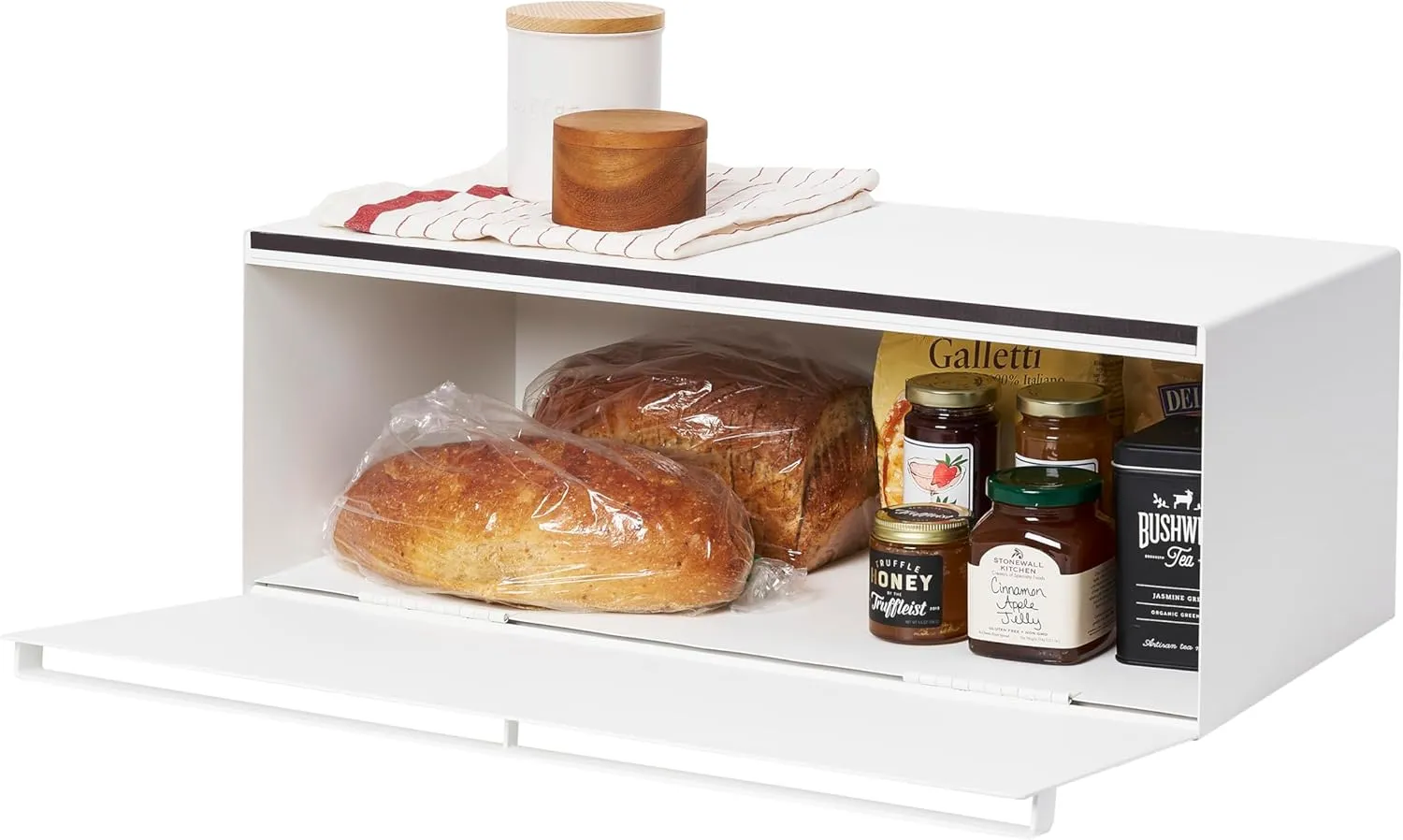 Yamazaki Home Tower Wide Bread Box Keeper Holder Container, Metal Bread Holder Saver Steel